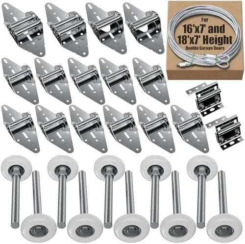 

Garage Door Hardware Kit for 16x7 & 18x7 Double Doors – Hinges, Rollers, Brackets, Rope
