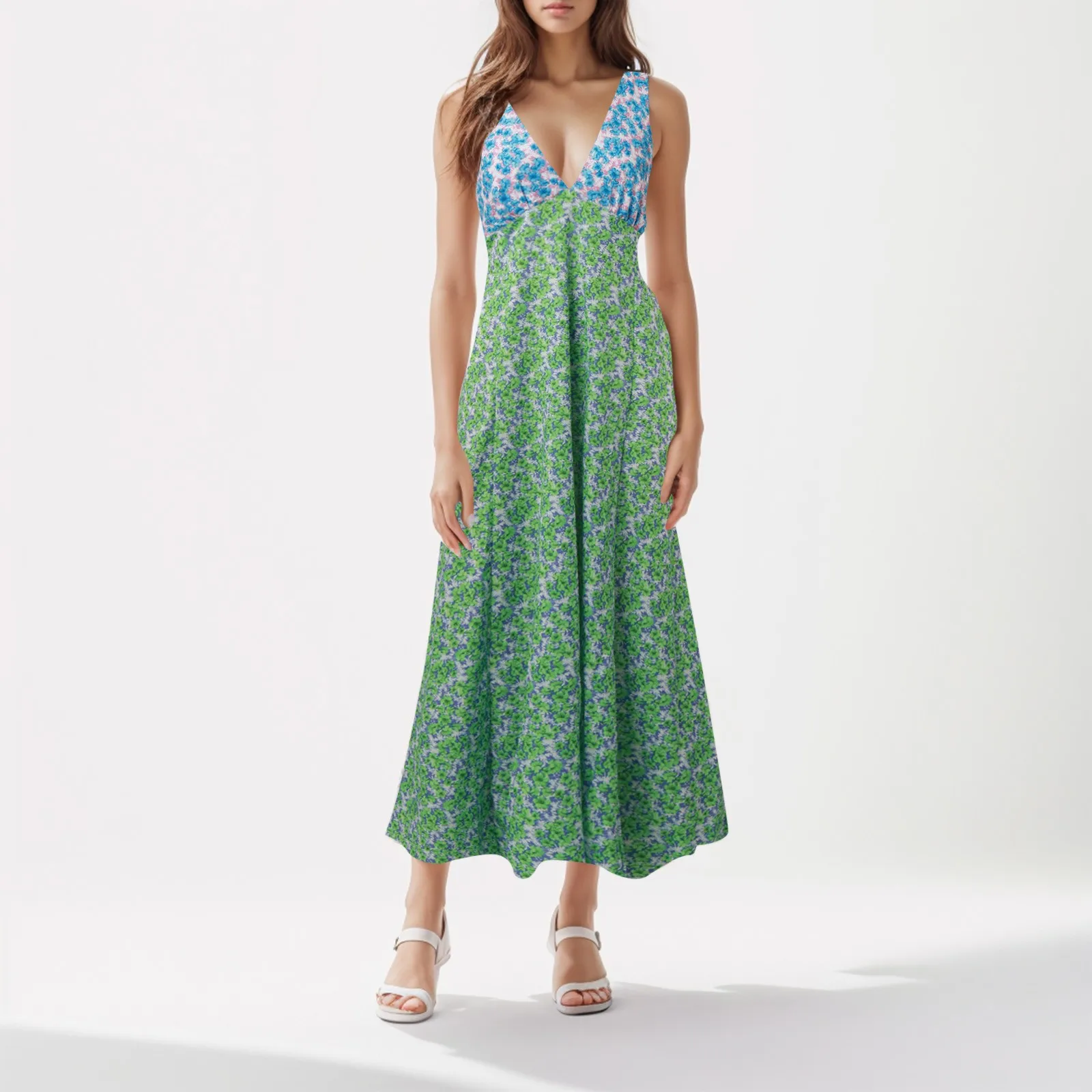 

Floral Print Female Sleeveless Long Dress High Waist Lace-Up V-Neck Slim Fashion Sundress Casual Summer Dress Vestidos Robe