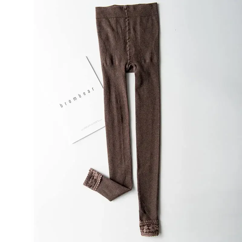 Plus Velvet Thicken Vertical Stripes Lace Stitching Leggings Women Autumn Winter Pants Stretch High Waist Cotton Leggings C6771