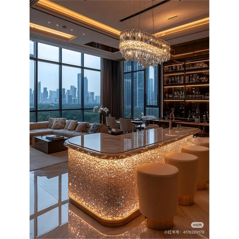 custom.Bespoke Luxury Curved LED Bar Counter Inlay Illuminated High-Rise Lounge Bar Modern Cocktail VIP Seating Eco-Frie