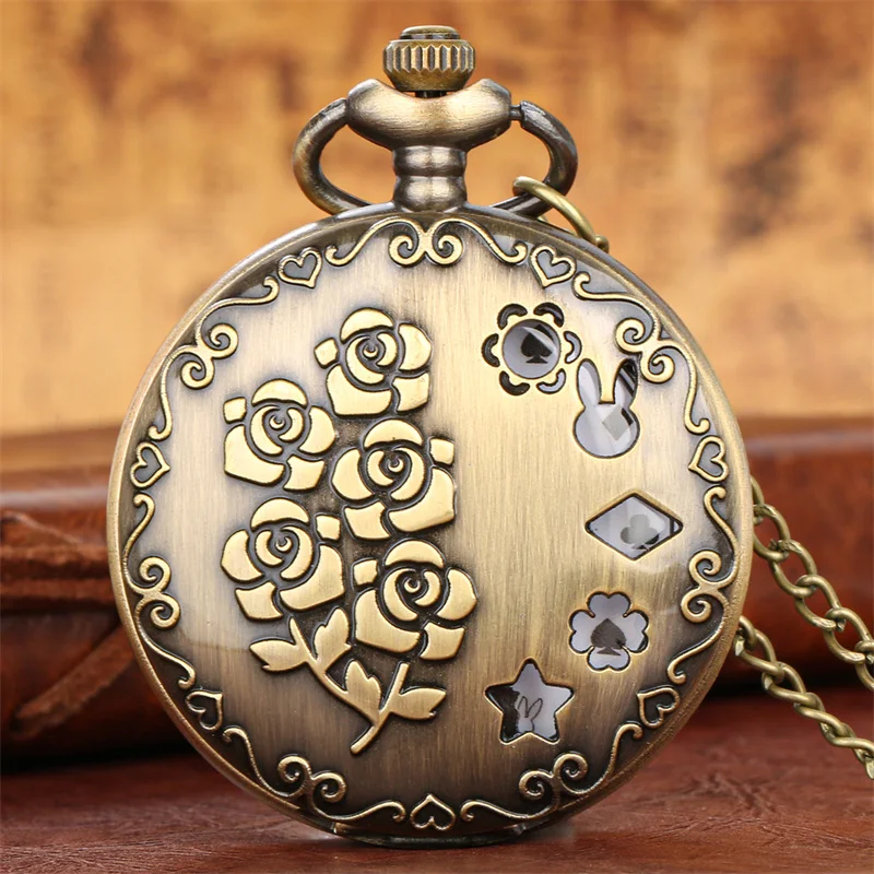Steampunk Carved Rose Flower Pocket Watch with Necklace Sweater Chain Quartz Movement Watches for Women Collectable Timepiece