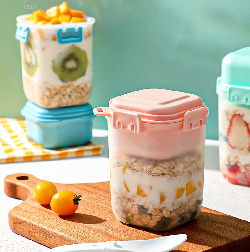 Tazas de avena portátiles con tapas y cucharas para niños, tazas de desayuno selladas para la noche, comida ligera para niñas, tazas de yogur para ensalada