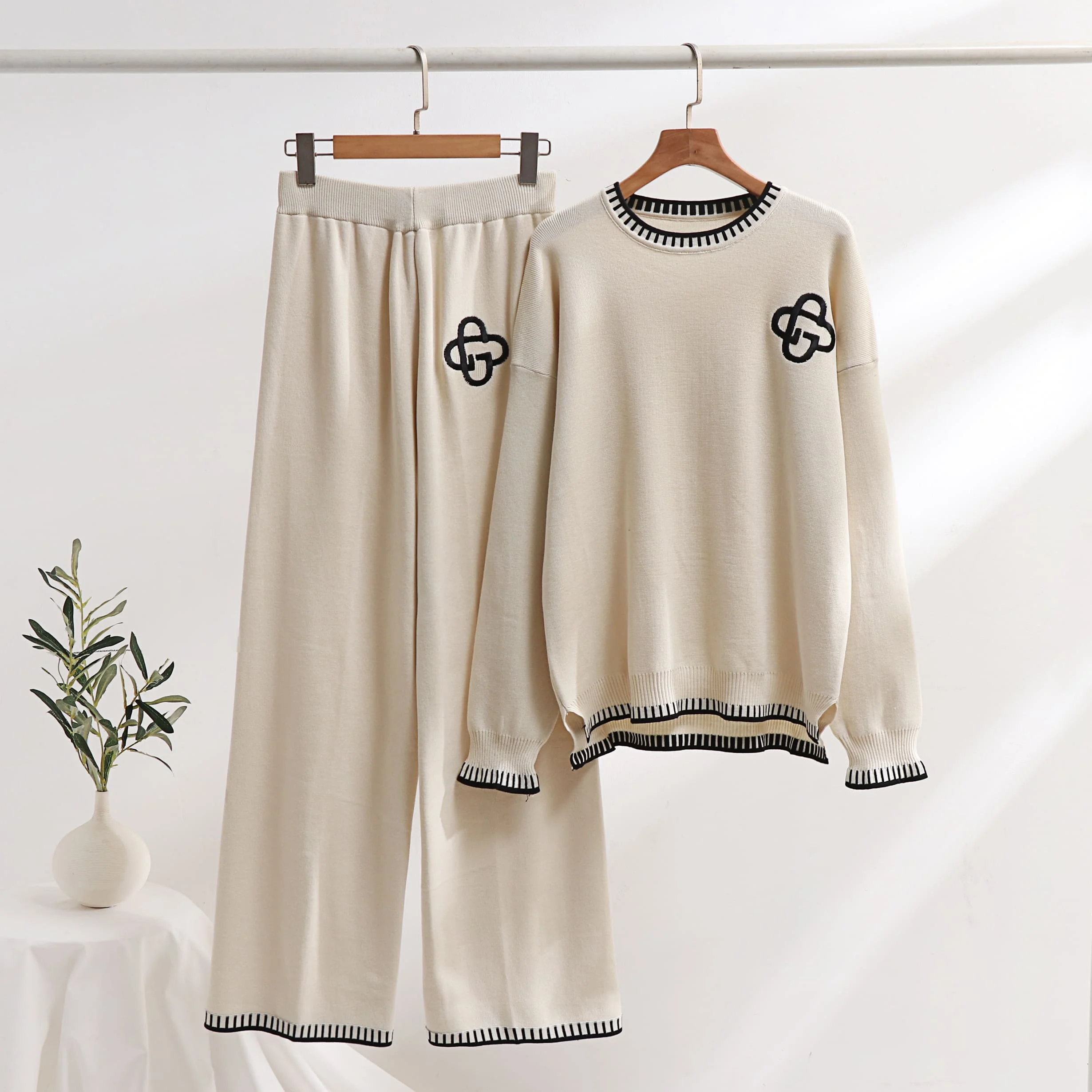 Autumn Winter Womens Knit 2 Piece Sweater Sets Long Sleeve Warm Pullover Tops Elastic Waist Wide Leg Pants Women Set