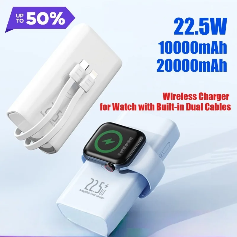 

22.5W 20000mAh Large-Capacity Wireless Fast Charging Mini Power Bank with Built-in Cable Supports Watch Charging