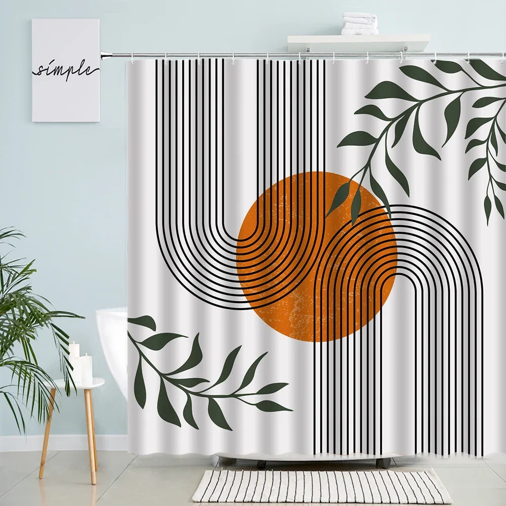 Creative Mid Century Shower Curtains Black Line Brown Round Green Leaves Abstract Geometric Bath Curtain Boho Bathroom Decor Set