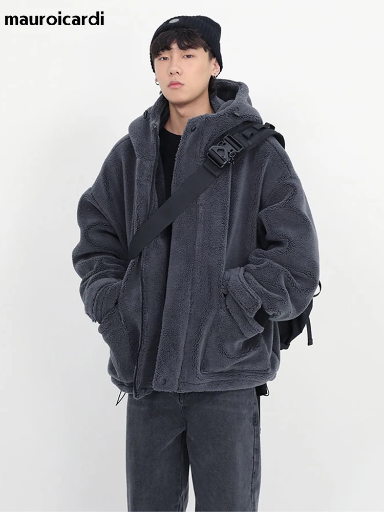 Mauroicardi Winter Thick Warm Oversized Dark Grey Sherpa Jacket Men with Hood Zip Up Fluffy Loose Casual Faux Lamb Fur Coat 2022