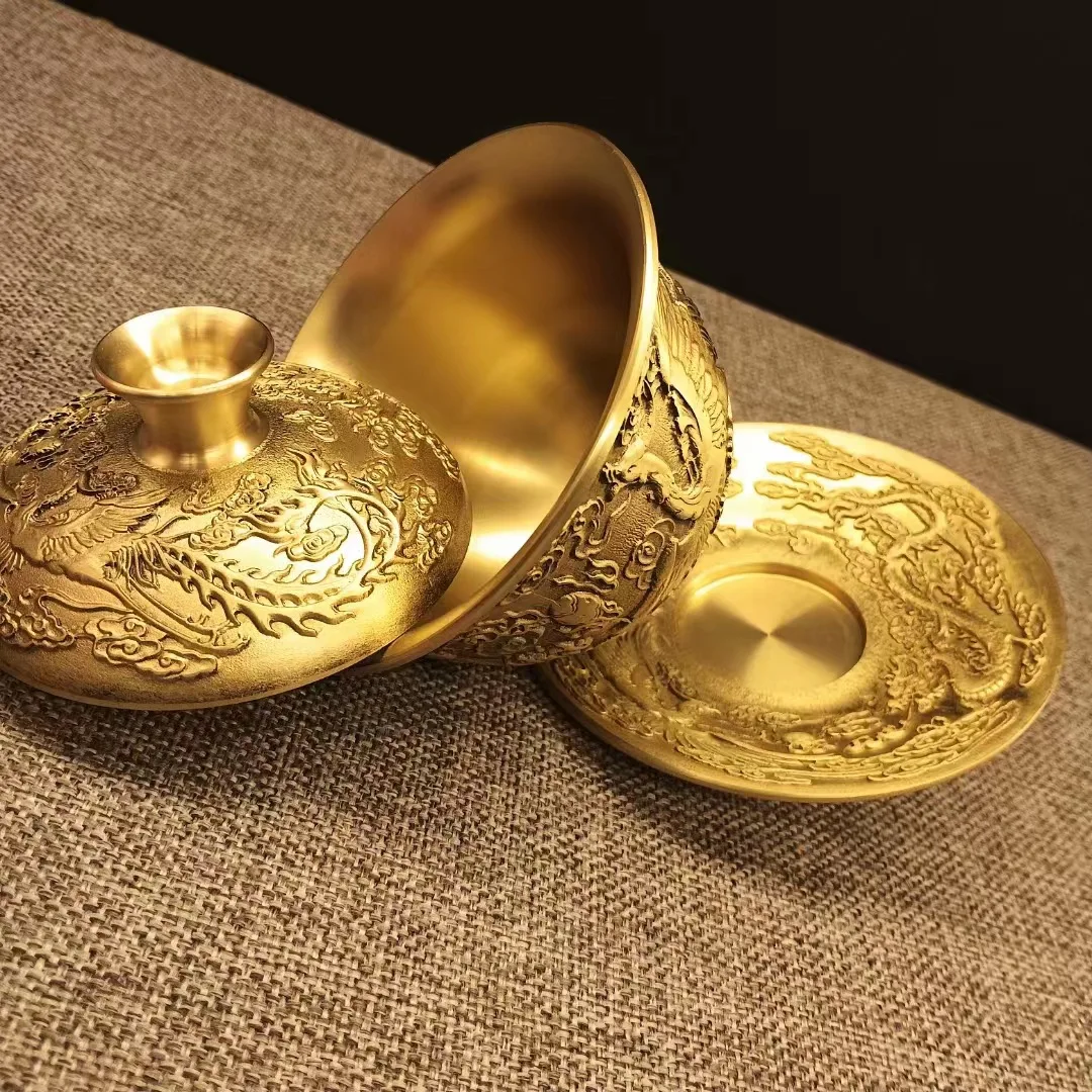 Vintage Brass Embossed Dragon Phoenix Bowl Collection Household Kung Fu Brewing Utensil Relative Holiday Craft Present