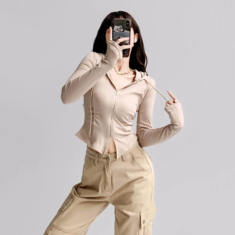 

Women Hooded Zip Up Top With Ruched Detail