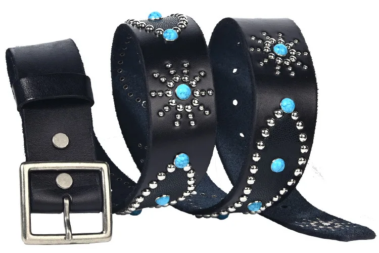 Men's Fashion 4.5cm Wide Genuine Leather Belt First Layer Cowhide Imitation Turquoise Inlay Rivet Punk Belt For Jeans