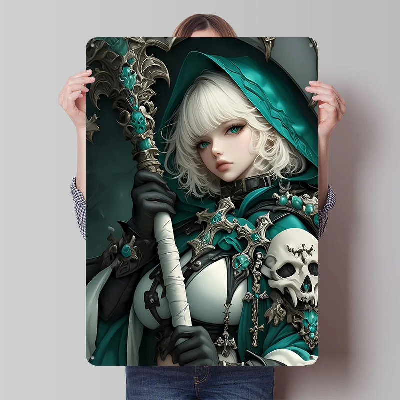 Anime Girl Female Warrior Gaming Printed Poster Customizable Wall Art Retro Vintage Metal Tin Signs for Home Room Man Cave Decor