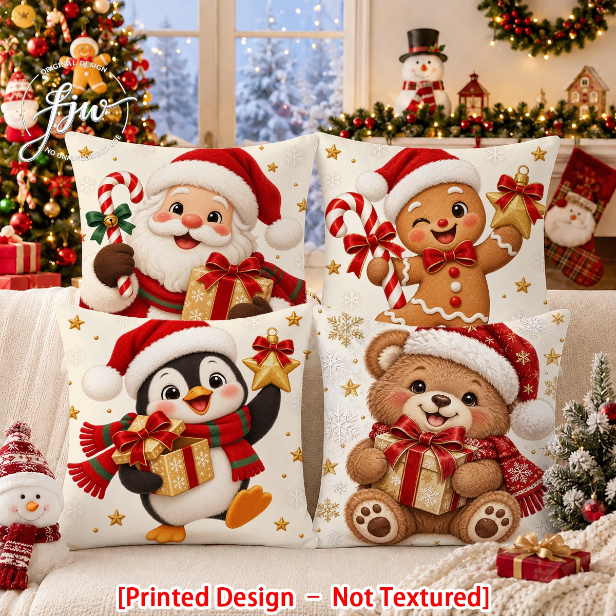 2/4pc Christmas Cute Santa Gingerbread Penguin Bear Throw Pillow Covers Set of 2/4