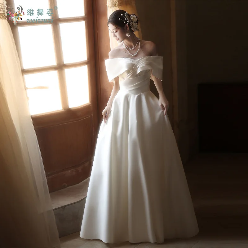 2025 novo coreano cetim simples uma palavra pescoço ombro luz vestido de casamento a linha cintura alta vestido de casamento de noivado