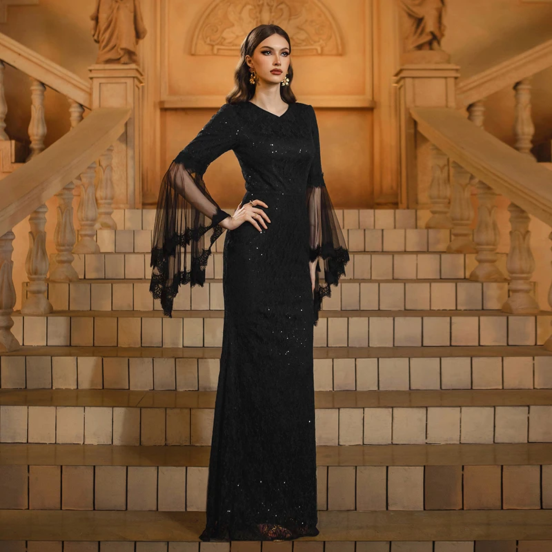 Women Black Dresses Flare Sleeve V Neck Sequined Elegant Cocktail Prom Formal Occasion Evening Long Maxi Dress Female Clothing