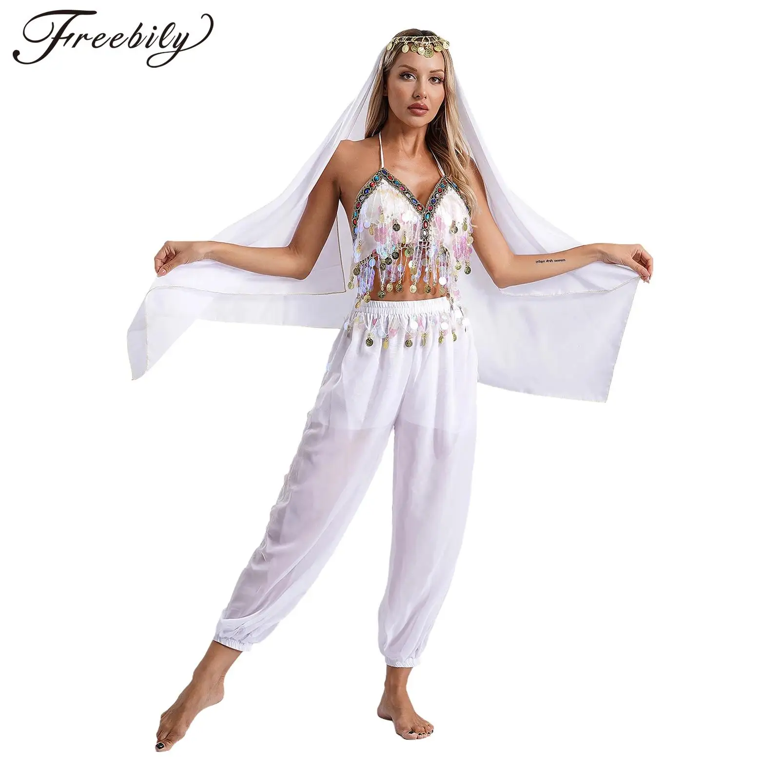 

Sexy Women's Belly Dancing Costume Halloween Performance Belly Dance Shiny Sequins Tassel Crop Top Bloomers Headscarf Sets