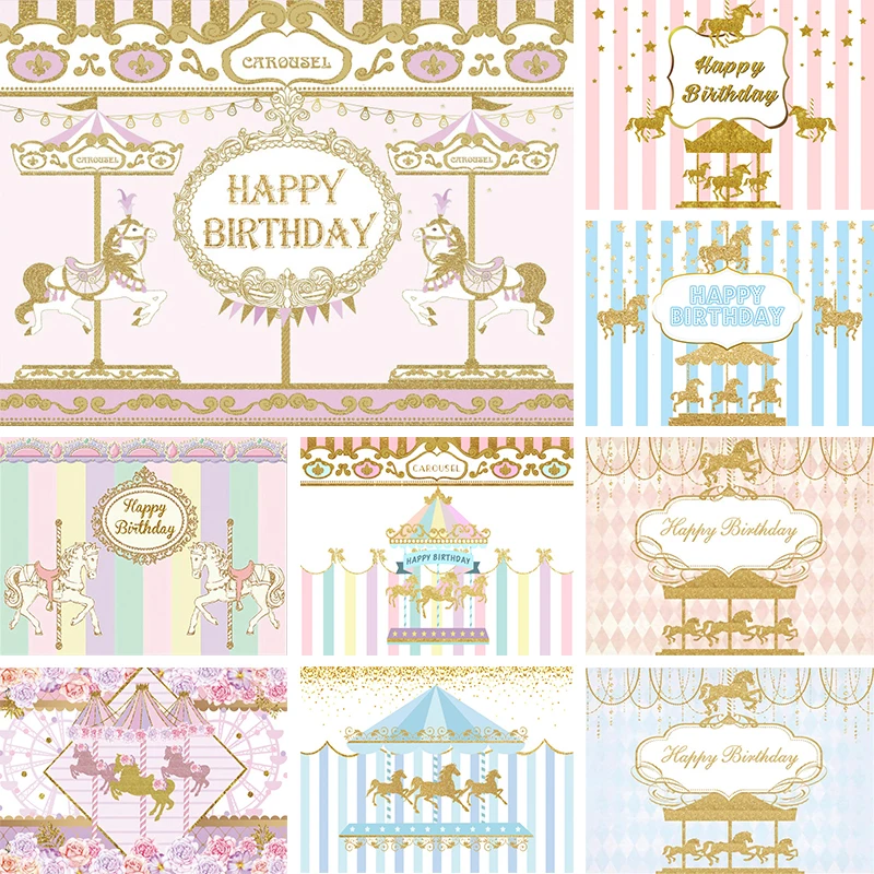 

Carousel Backdrop Babypink Shower Party Decorations for 1st Birthday Girl Boy Blue Carousel Horse Background Photography Banner