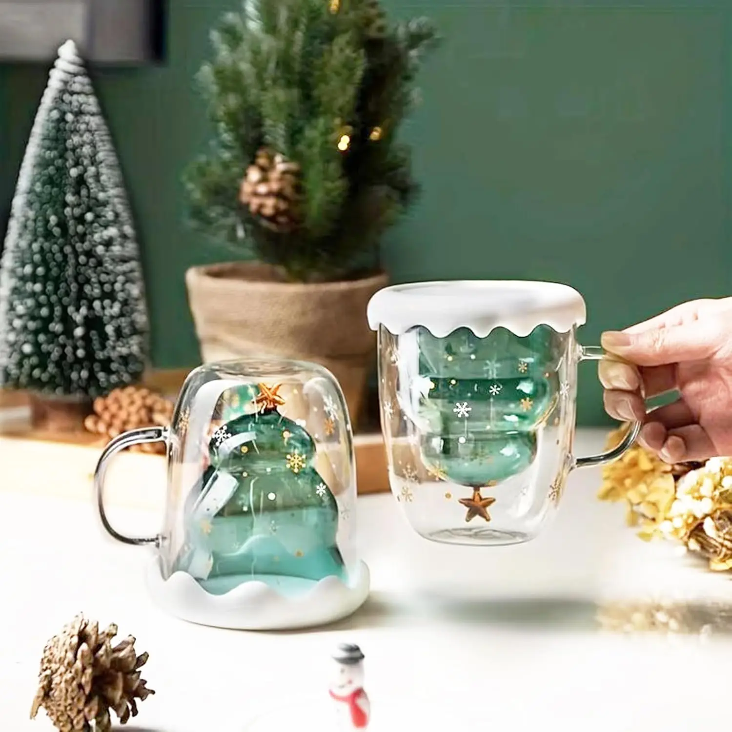 E2 Christmas Coffee Mugs Holiday Water Cups 10oz Double Wall Glass Tableware with Lid and Handle Tree Snowflake Glassware 300ML