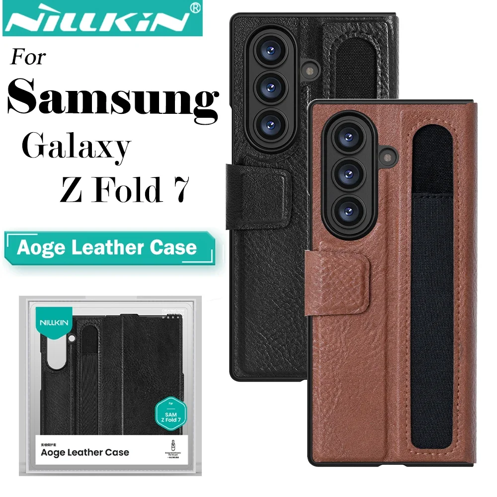 

NILLKIN для Samsung Galaxy Z Fold 7, кожаный чехол Aoge, скрытый кронштейн, встроенный слот для карт, откидная крышка, защитный чехол для телефона