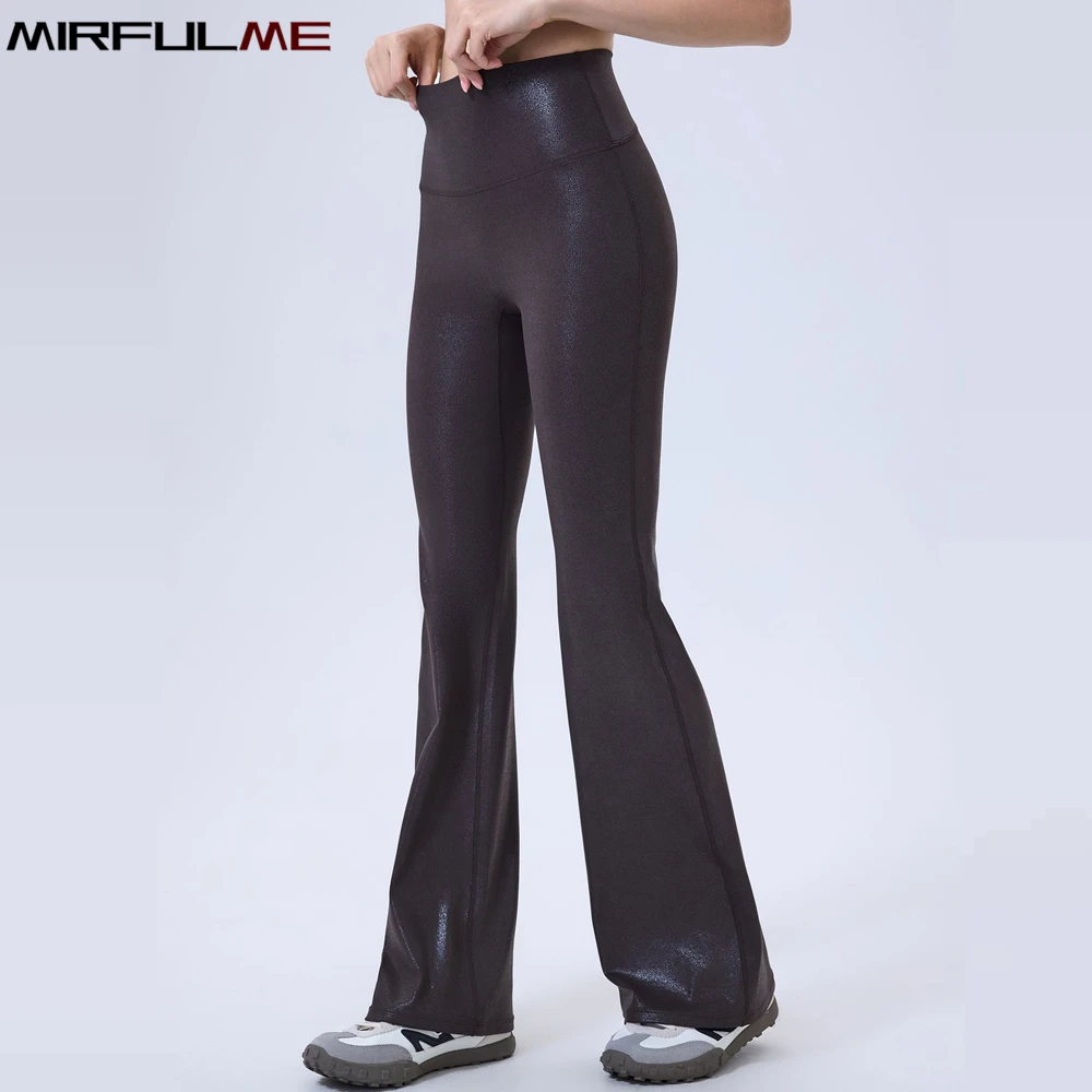 

Women Flare Pants Yoga Imitation Leather Running Flared Trousers Pearly Sport Bell-bottoms Leggings Slim Fitness Gym Pant Female