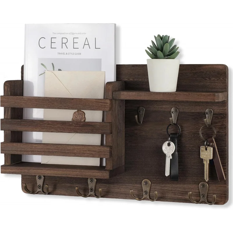 Mail Holder for Wall Mail Organizer with Key Hooks Hallway Farmhouse Decor Letter Sorter Made of Natural Wood with Floating Shel
