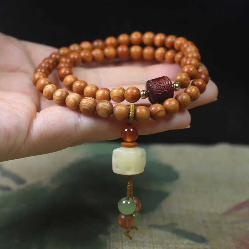 Banyan wood high-oil content double-ring bracelet with cheese pendant, forest-style Buddhist prayer beads for men and women, dec