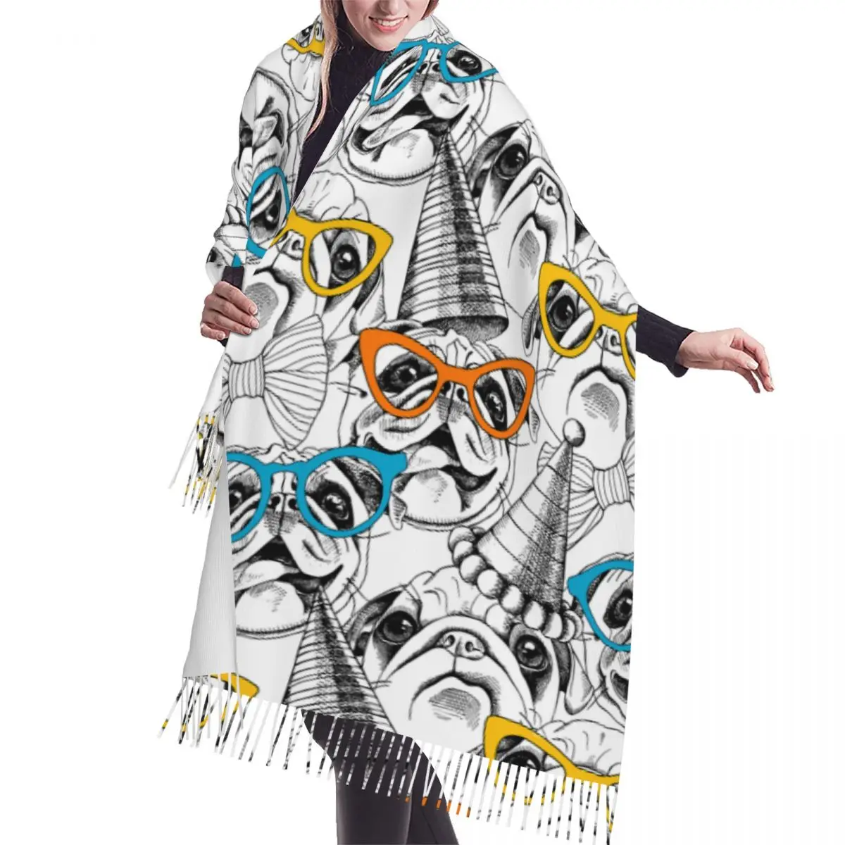 Custom Print Seamless Pattern With Image Of A Pug Scarf Men Women Winter Warm Scarves Shawl Wrap