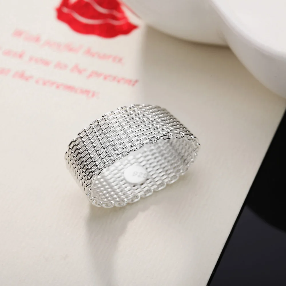 925 sterling Silver Simple Net Rings lady fine Jewelry for Women men Size 6 7 8 9 10 Fashion Vintage Wedding Girl gifts