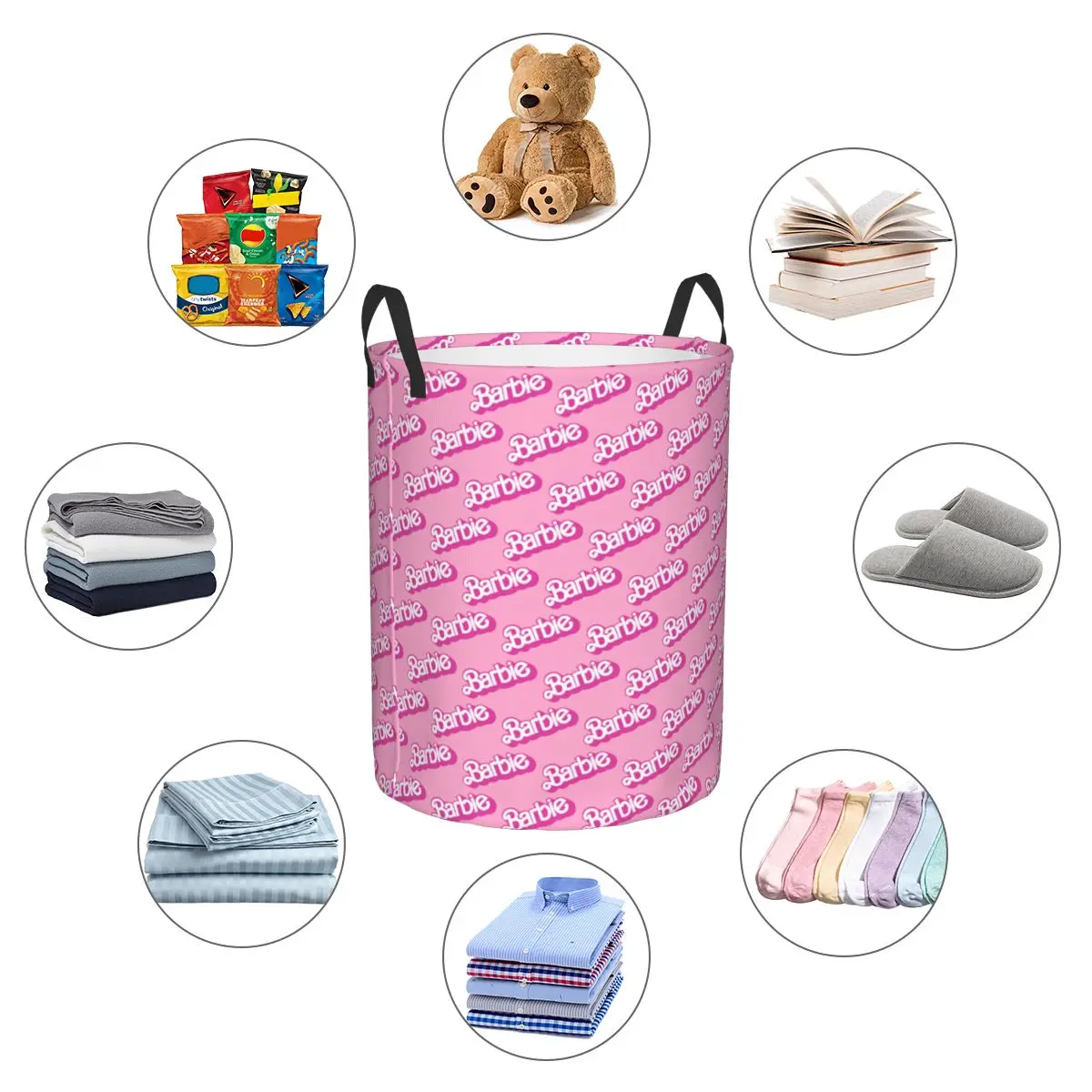 Custom Barbie Logo Laundry Basket Collapsible Large Capacity Clothes Storage Bin Disney Baby Hamper