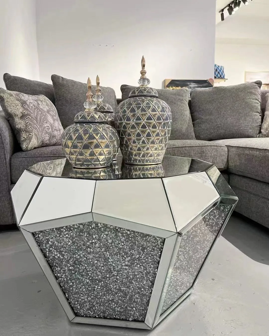 

silver glass mirror rhinestone three-dimensional polygon coffee table coffee table