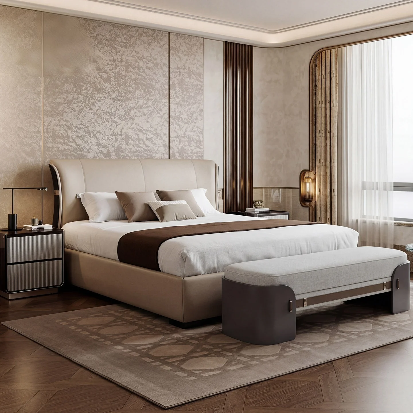*French-style Light Luxury Leather Bed, Cowhide Double Bed, 1.8 Meters Wide, Suitable for Master Bedroom and Villa, Luxurious Be
