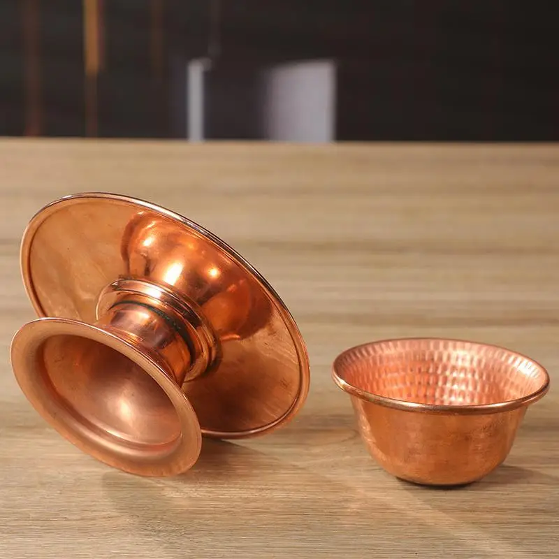 Nepal Handmade Hammered Copper Water Supply Cup Home Craft Embossed Low Foot Belt Plate Separable Water Supply Bowl Ornament