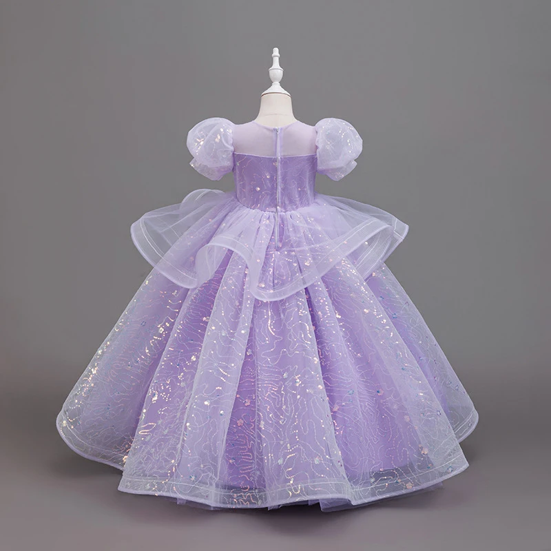 New High-End Luxury Flower Girl Wedding Show Performance Dress for Girls, Puff Sleeve Sequin Princess Dress 4