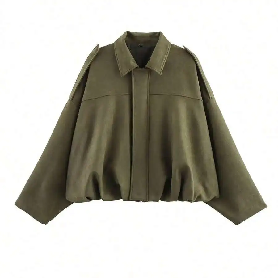 

Women's Olive Green Cropped Bomber Jacket with Turn-Down Collar and Button Closure