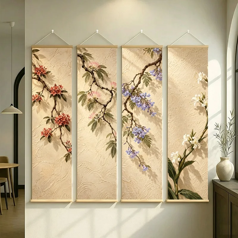 Wall Decor Silk Tree Blossom and Butterfly Ginger, Wabi-Sabi Silver Shimmer Canvas Hanging Scroll for Zen Sanctuary Decor