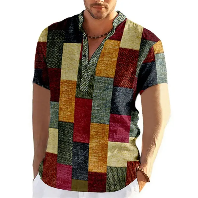 Vintage Patchwork Color Block 3D Print Henley Shirts Men's Fashion Stand Collar Short Sleeve T Shirt Male Tees Tops Man Clothing