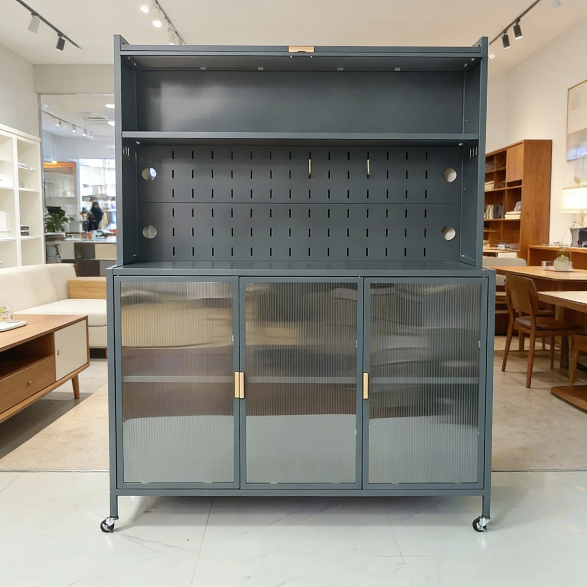 *Cold Rolled Steel Kitchen Storage Cabinet Wheels Pantry Pegboard Adjustable Shelves PC Panel Custom Door Microwave Organizer