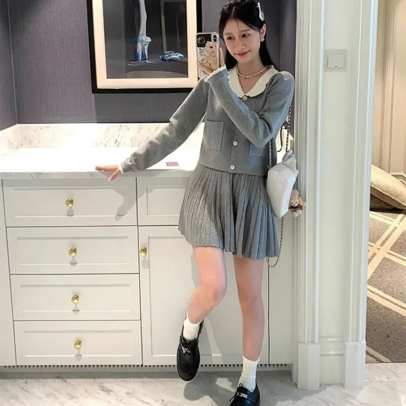 Korean Fashion Elegant Gray Knit Skirt Suits Spring Autumn College Style Short Cardigan Sweater Top+Mini Skirt Women Outfit 2pcs