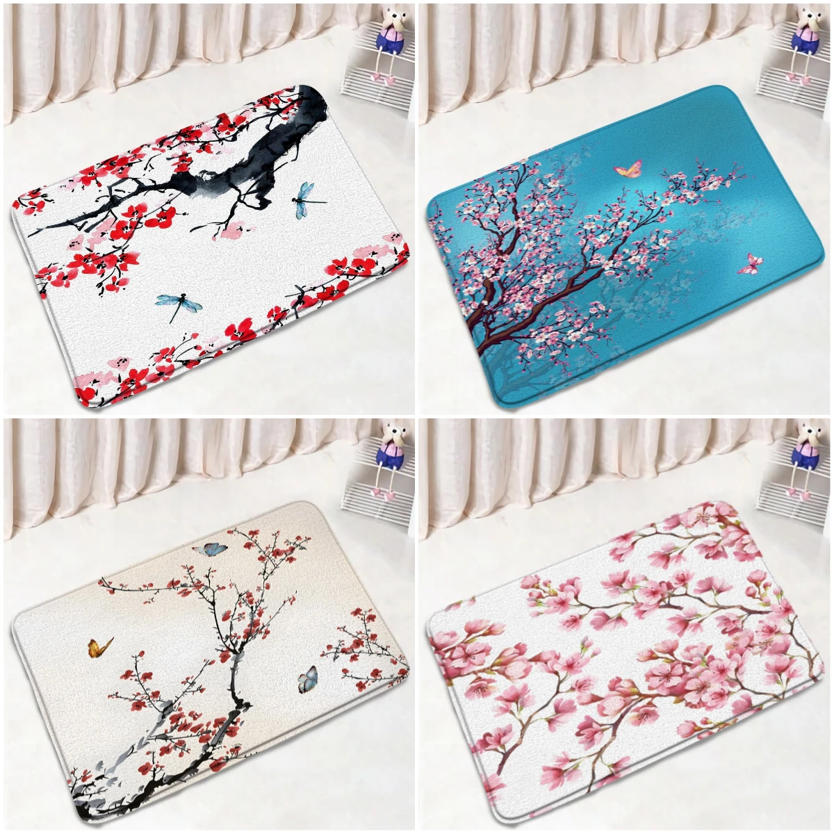 Ink Painting Non-slip Bath Mat Blooming Blossom Plums Cherry Flowers Butterflies Landscape Bathroom Rug Decor Home Carpet