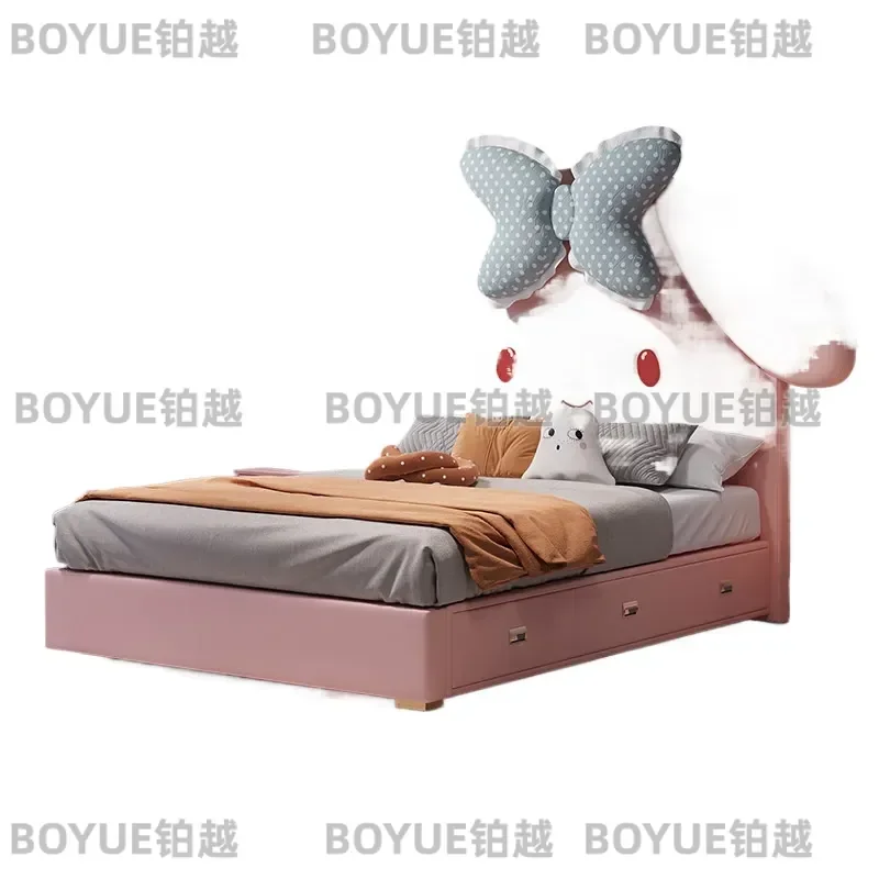 Pink Princess Bed for Girls with Safety Guardrail Cute Kids Bedroom Furniture Toddler Single Bed Frame Children Room Decor
