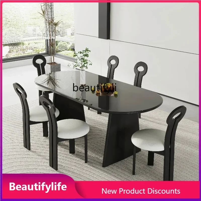 2344 newItalian minimalist solid wood dining table oval small apartment French tempered glass long dining table and chair combin