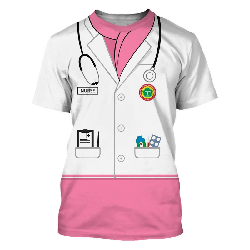 Summer Nurse Uniform Unisex Fashion O-Collar Short Sleeve 3d Printed T-Shirt Street Fun Loose Casual Personality Large Size Top