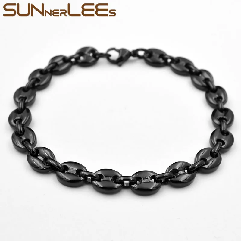 SUNNERLEES 316L Stainless Steel Bracelet 5~11mm Coffee Beans Link Chain Silver Color Gold Plated Jewelry Men Women Gift SC13