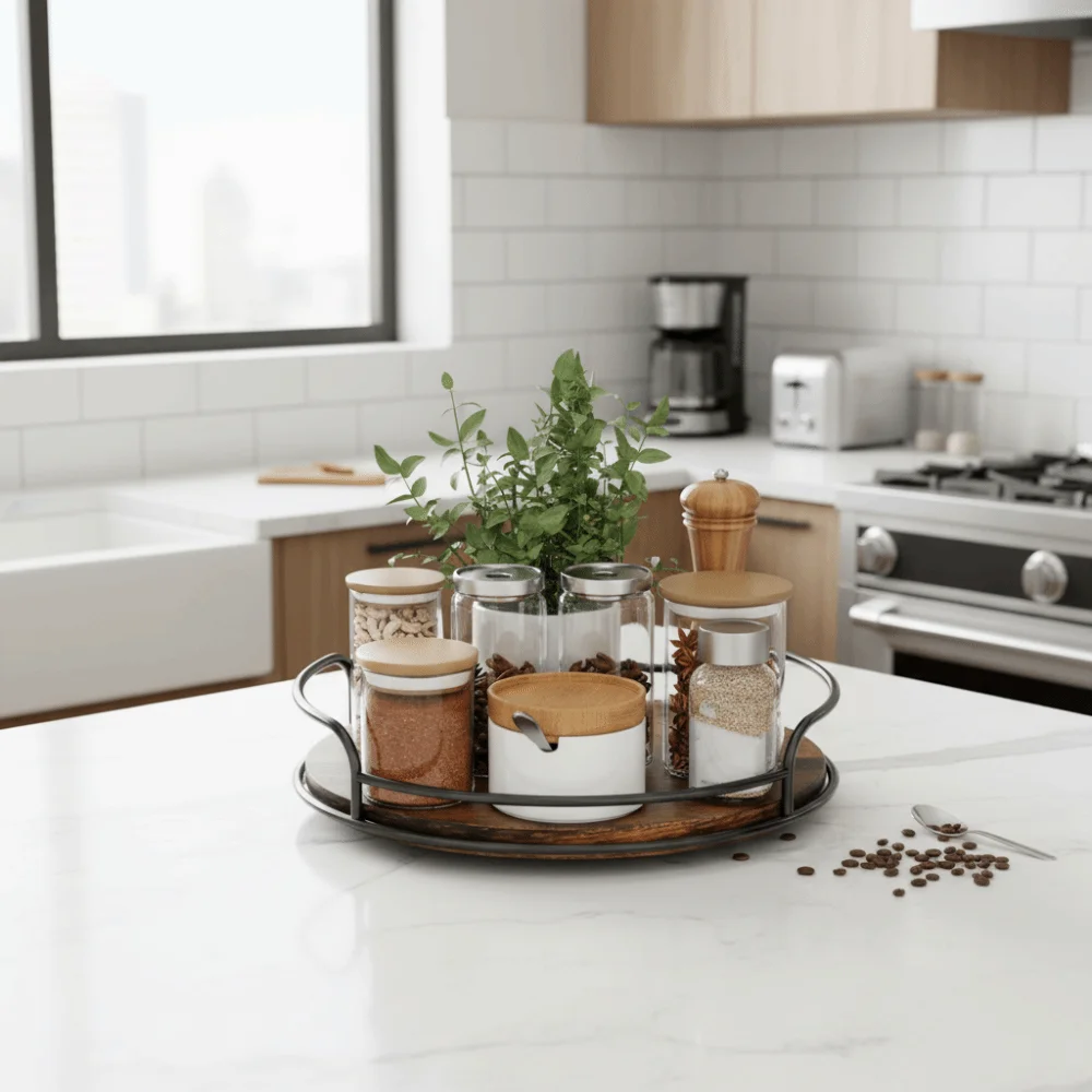 2 Piece Round Wooden Rotating Tray Metal Guard Rail Strong Load-bearing Capacity Seasoning Bottle Organizer Turntable