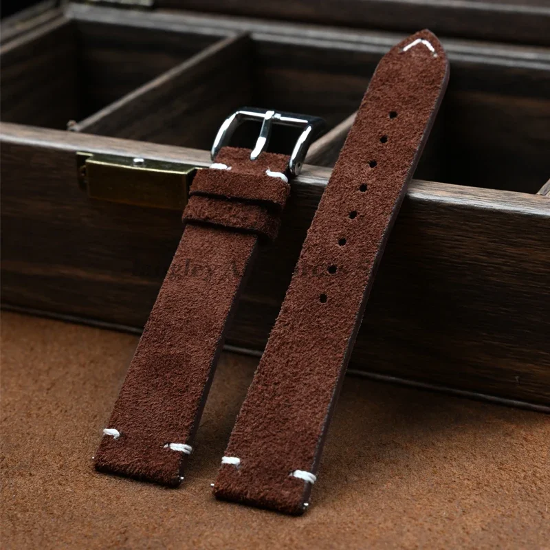 

Vintage Genuine Suede Watch Straps 18mm 20mm 22mm Quick Release Watch Band Brown Black Handmade Stitching Wristband Accessories