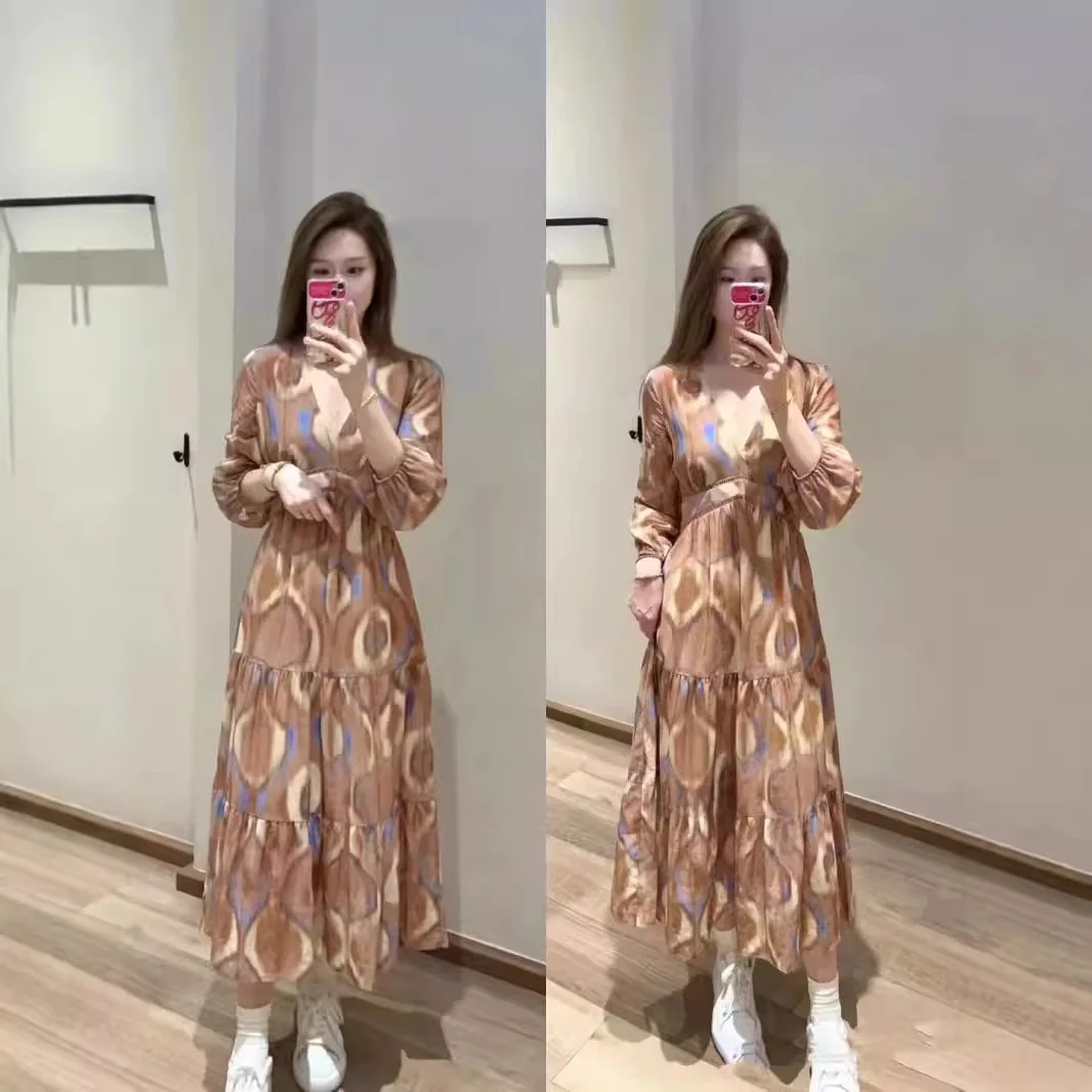 

Новая осенняя юбка А-силуэта с принтом «Пустынная роза», V-образным вырезом, завышенной талией, из шелка и хлопка, с рукавами-фонариками