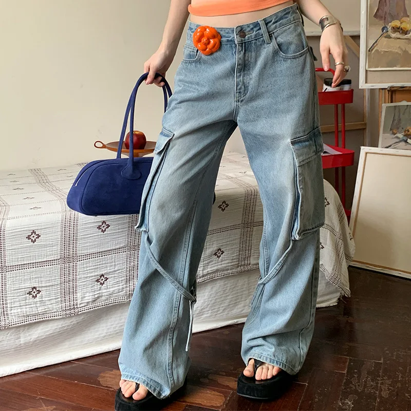 

Vintage Spliced Women Jeans Cargo Pants Washed Solid Denim Pant Full Length Loose Distressed Streetwear Straight 2024 Pockets