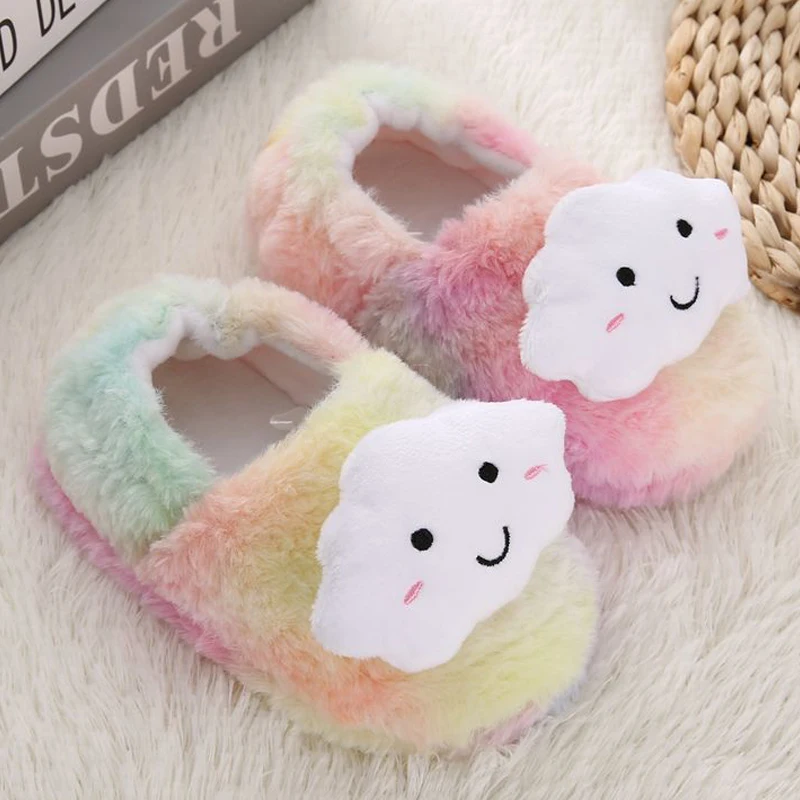 Toddler Girl Slippers for Winter Baby Loafers Plush Warm Cartoon Cloud Rubber Sole Children Home Shoes Kid House Indoor Footwear