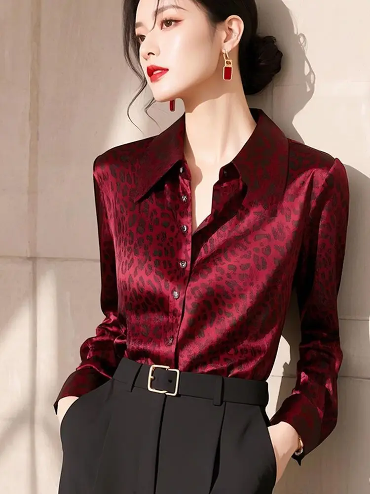 

Women New Spring Autumn Fashion Elegant and Suitable for Commuting French Style Luxury Red Printed Collar Long Sleeved Shirt