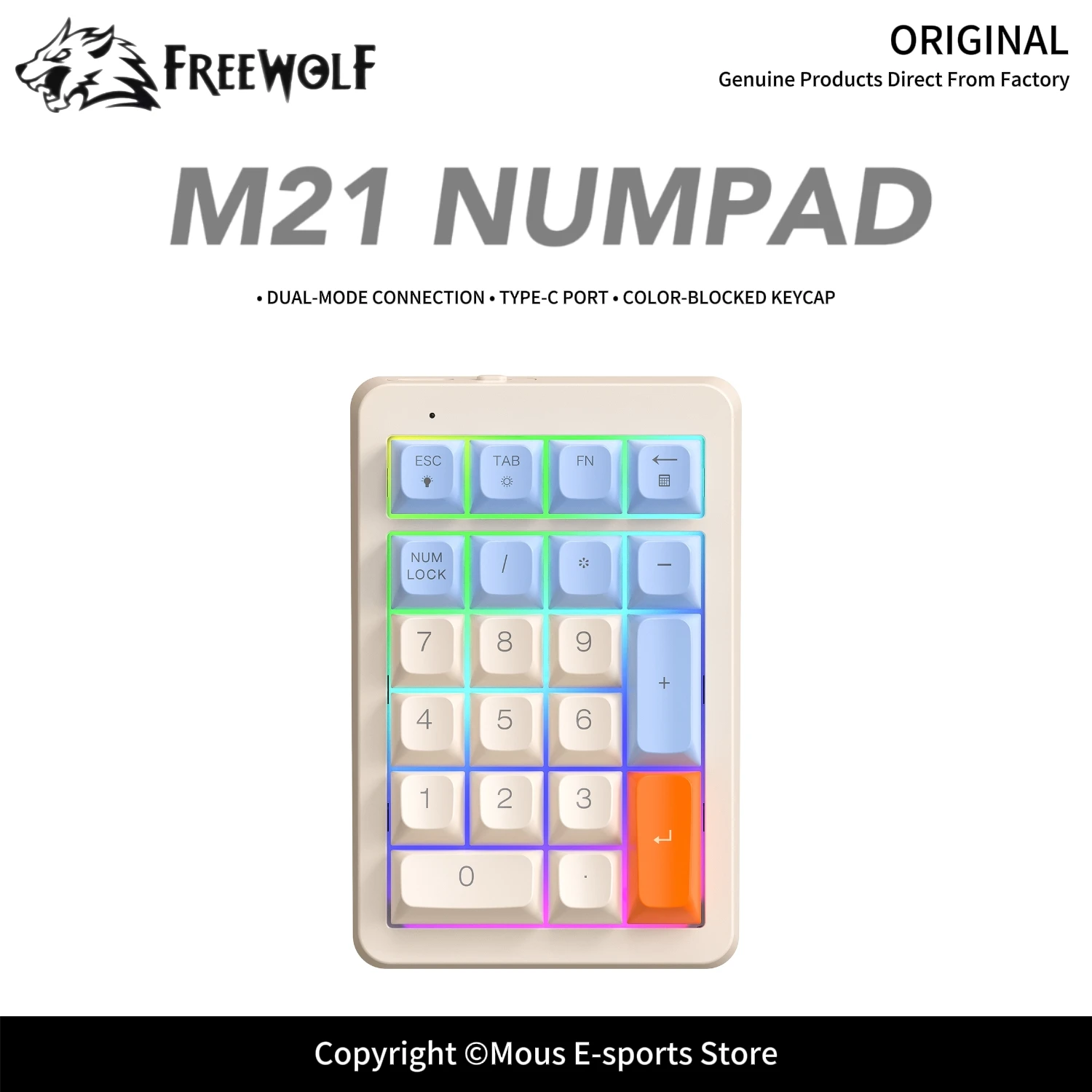 M21 Portable Wireless Numpad 21-Key Dual-Mode FREEWOLF Ergonomic RGB Light Financial Accounting Business Working Tool for PC/Mac