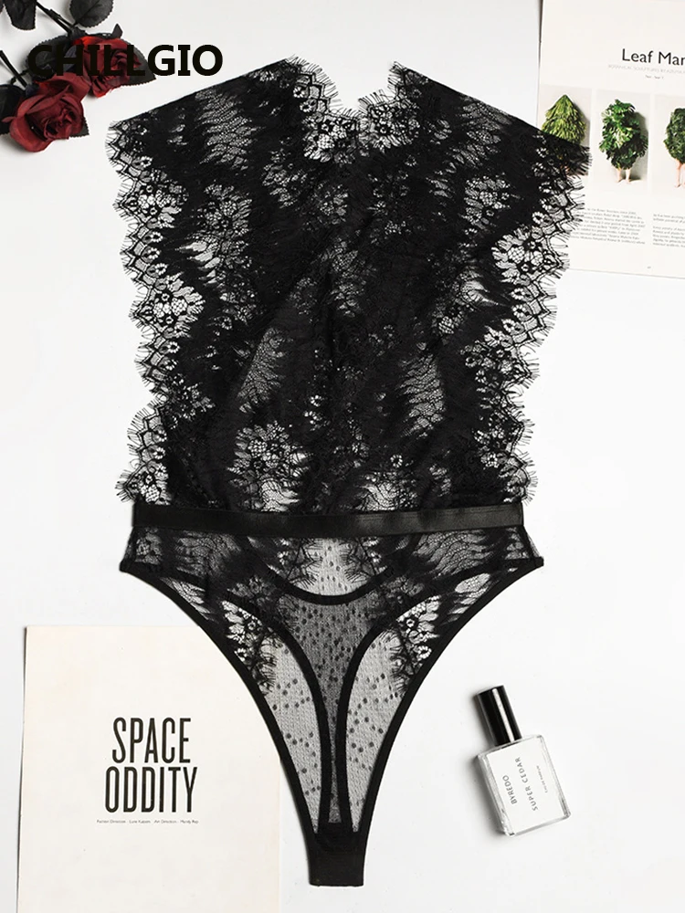 

CHILLGIO Women Sleeveless Lace Rompers Lingerie Fashion Sexy Deep V Neck One Piece Onesie Erotic Transparent Bodycon Bodysuits