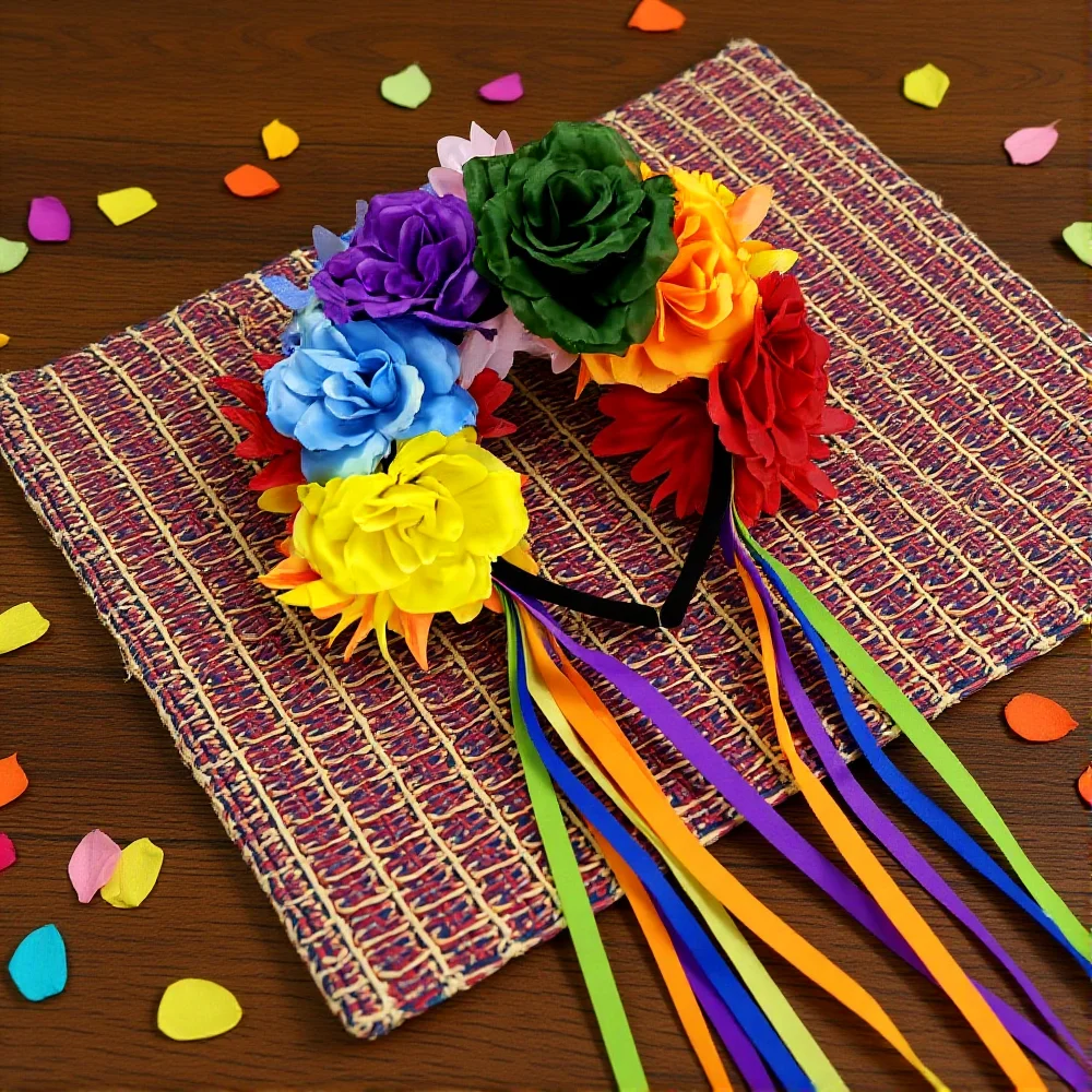 

Повязка на голову с лентами, искусственный цветочный головной убор, радужные аксессуары для волос для костюмов, женские украшения для праздников и вечеринок